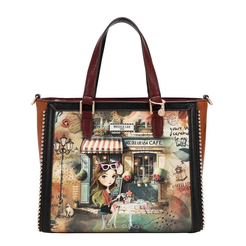 Nicole Lee Multi-Color Cafe Illustration Tote with Burgundy Straps